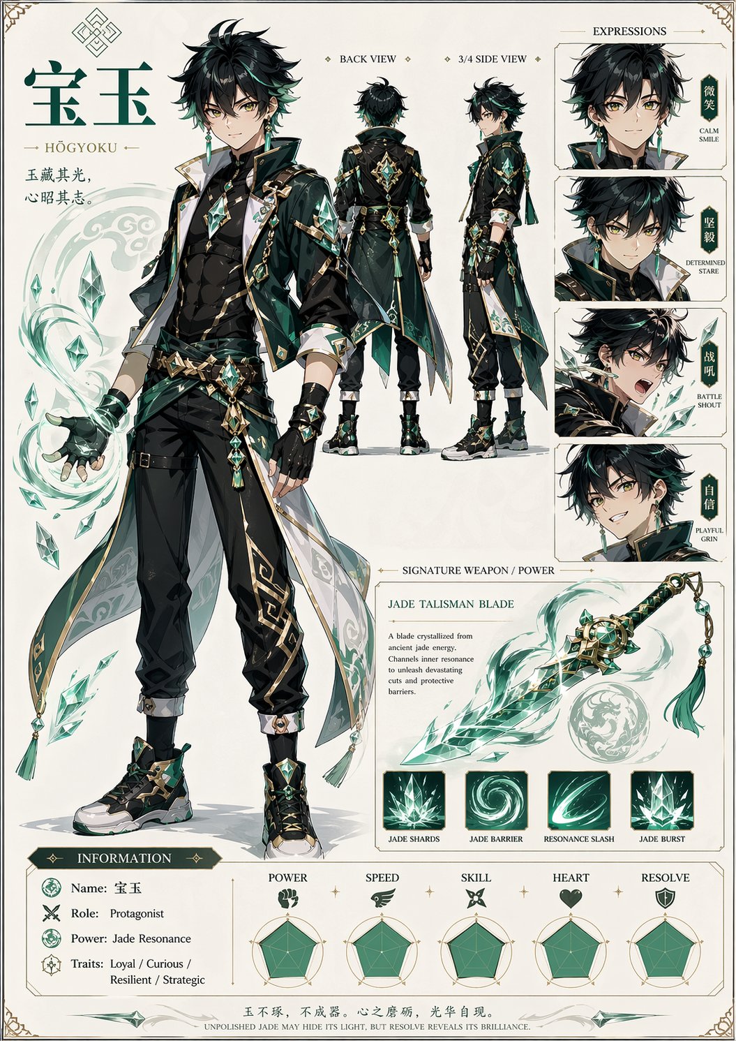 a character sheet of shonen-style anime character
