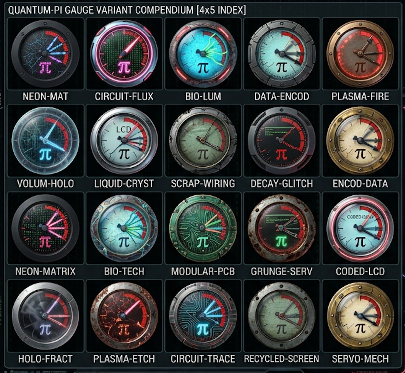 20 variations of the pi-autoresearch icon in a cyberpunk style